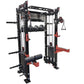 Black and red commercial cable crossover power rack with dual pulley systems, barbell holders, and weight plate storage on wh