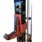 Black powder-coated steel power rack with red pulley attachment and cable crossover system on white background
