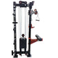 Black and red cable crossover pulley power rack gym system with dual weight stacks and adjustable arms on white background