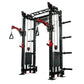 Warrior 2.0 black and red cable crossover pulley power rack with dual weight stacks and adjustable bars on white background