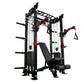 Black and red cable crossover pulley power rack with adjustable weight stacks, pull-down bars, and TRX suspension trainer on 
