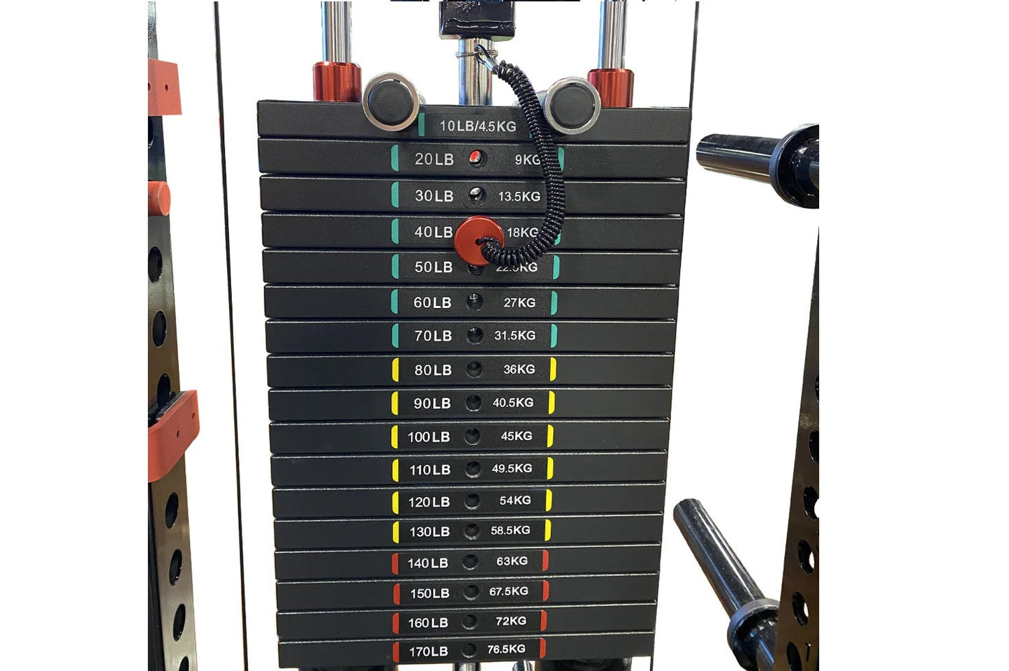 Cable crossover pulley power rack system with black weight plates labeled 10LB to 170LB, color-coded bands, red metal upright