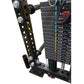 Black metal cable crossover pulley system with weight stack labeled 40LB to 170LB, red selector pin, and adjustable perforate