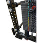 Black metal cable crossover pulley system with weight stack labeled 40LB to 170LB, red counterbalance dial, and adjustable pe