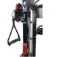 Warrior 3.5 cable crossover power rack with dual red pulleys, black frame, and lat pulldown attachment on white background