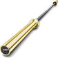 Gold titanium barbell with black cerakote sleeves and gray steel shaft, featuring gold collars and end caps on white backgrou