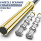 Gold titanium barbell with black cerakote sleeve and eight needle bearings with two brass bushings, shown with component part