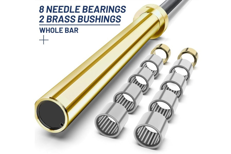 Gold titanium barbell with black cerakote sleeve and eight needle bearings with two brass bushings, shown with component part