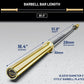 Warrior Black Cerakote and Gold Titanium barbell with 51.6" shaft, 16.4" sleeves, 28mm shaft diameter, displayed on gray back