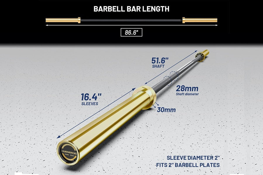 Warrior Black Cerakote and Gold Titanium barbell with 51.6" shaft, 16.4" sleeves, 28mm shaft diameter, displayed on gray back