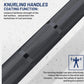 Black textured knurling handles barbell with protective coating, diagonal view on white background