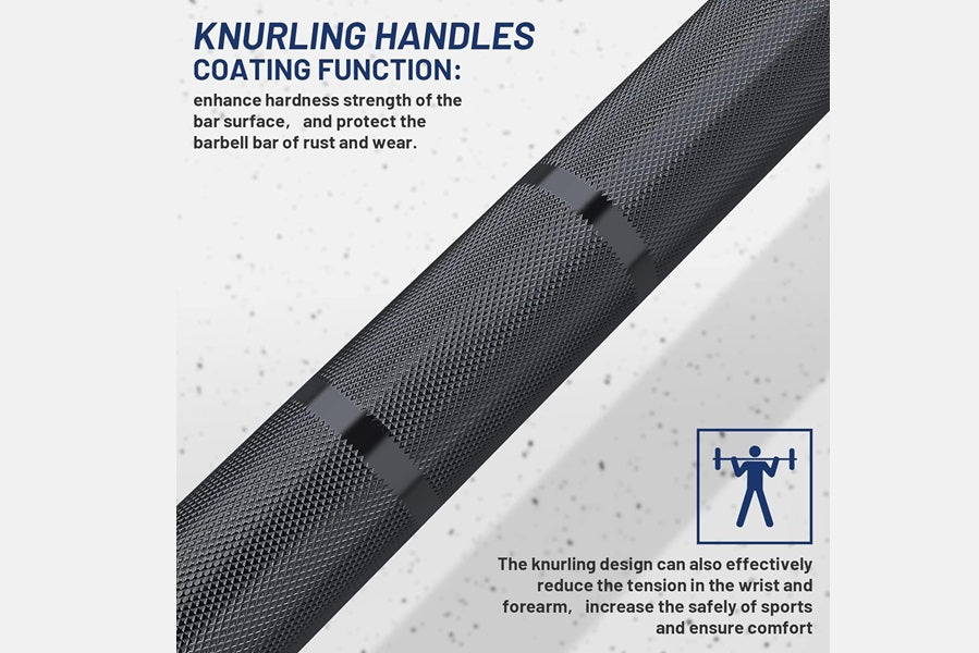 Black textured knurling handles barbell with protective coating, diagonal view on white background