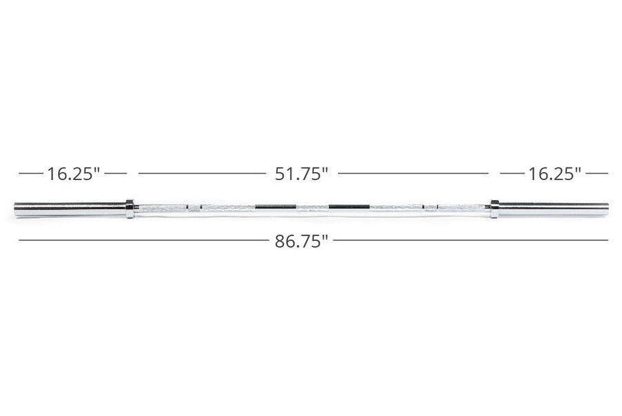 Chrome weightlifting barbell with measurement dimensions, 86.75 inches total length shown on white background