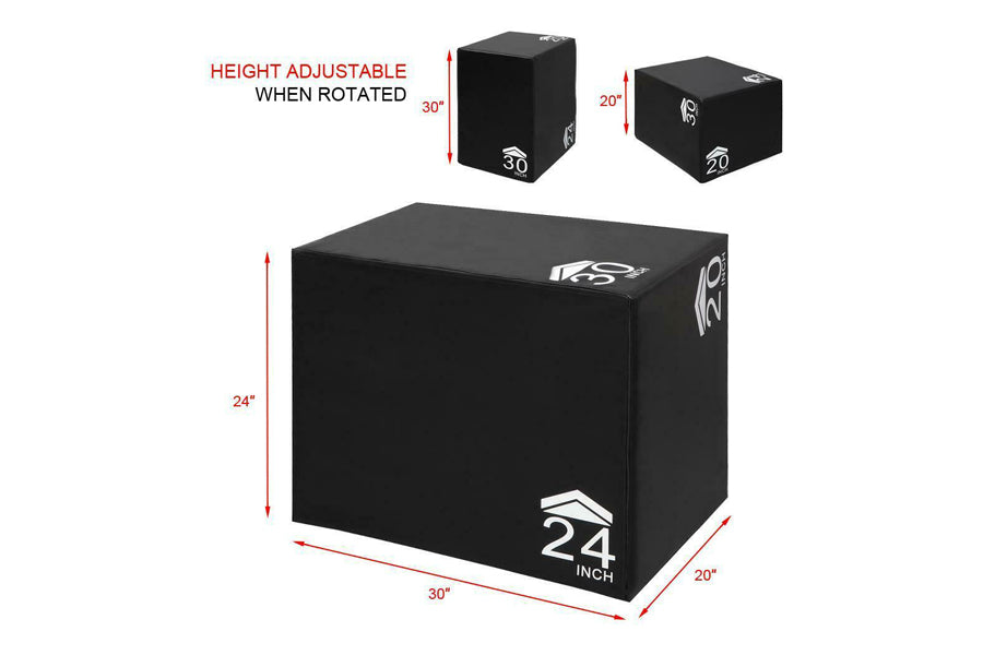 Black soft plyo box with white branding, 30 by 20 inches, height adjustable to 24, 20, or 30 inches when rotated