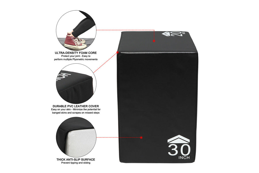 Black foam plyo box 30 inch height with ultra-density foam core, durable PVC leather cover, and thick anti-slip surface, show