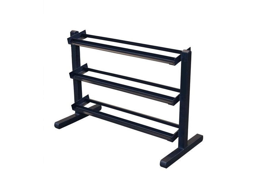 Black 3-tier dumbbell rack with horizontal bars and sturdy base on white background