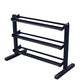 Black three-tier dumbbell rack with metal bars and sturdy wooden base, displayed on white background