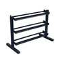 Black 3-tier horizontal dumbbell rack with sturdy frame and wide base, displayed on white background