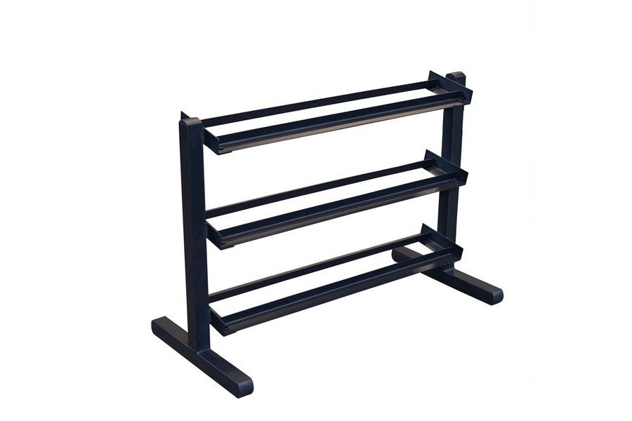 Black 3-tier horizontal dumbbell rack with sturdy frame and wide base, displayed on white background