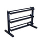 Black three-tier dumbbell rack with metal frame and rubber-lined shelves on white background