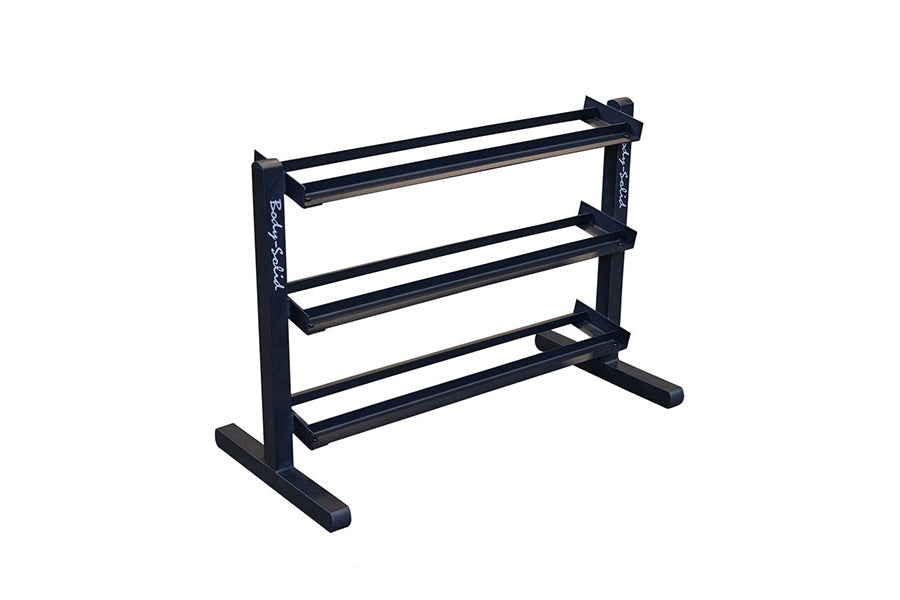 Black three-tier dumbbell rack with metal frame and rubber-lined shelves on white background