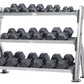 Three-tier gray metal dumbbell rack holding black hexagonal dumbbells on white background