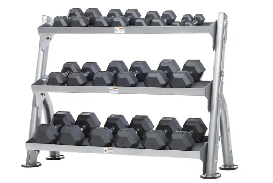 Three-tier gray metal dumbbell rack holding black hexagonal dumbbells on white background