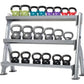 Three-tier gray steel kettlebell storage rack with black handles, holding colorful kettlebells in green, teal, purple, and re