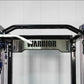 Warrior 3.5 cable crossover pulley power rack with black frame, blue pulleys, and stainless steel center plate on white backg
