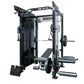 Warrior 3.5 black cable crossover pulley power rack with lat pulldown, barbell, and weight plates on white background
