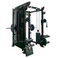 Black multi-station power rack with cable crossover, lat pulldown attachment, barbell weight plates, and adjustable pulleys o