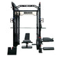Warrior black steel cable crossover power rack with dual pulleys, lat pulldown attachment, and adjustable weight plates on wh