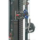 Black cable crossover pulley system with blue and red adjustment wheels mounted on perforated power rack frame, lat pulldown 