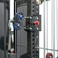 Black cable machine pulley system with blue and red wheels attached to metal power rack frame with adjustment holes