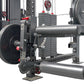 Black and red multi-function gym power rack with cable crossover, lat pulldown pulley system, and weight plate storage on whi