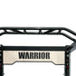 Black metal cable crossover power rack with "Warrior" branding on cream panel, featuring lat pulldown attachment and red indi