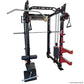 Warrior black and red cable crossover power rack with dual pulley systems, lat pulldown attachment, and leg press platform on