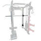 Warrior cable crossover pulley power rack with lat pulldown attachment and adjustable weight stack, shown on white background