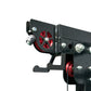 Black steel cable crossover pulley system with red wheels and metal bolts, mounted on white background