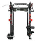 Warrior 3.0 cable crossover pulley power rack with red and black frame, lat pulldown attachment, and dual weight stacks on wh