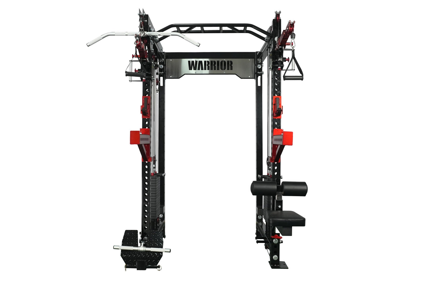 Warrior 3.0 cable crossover pulley power rack with red and black frame, lat pulldown attachment, and dual weight stacks on wh