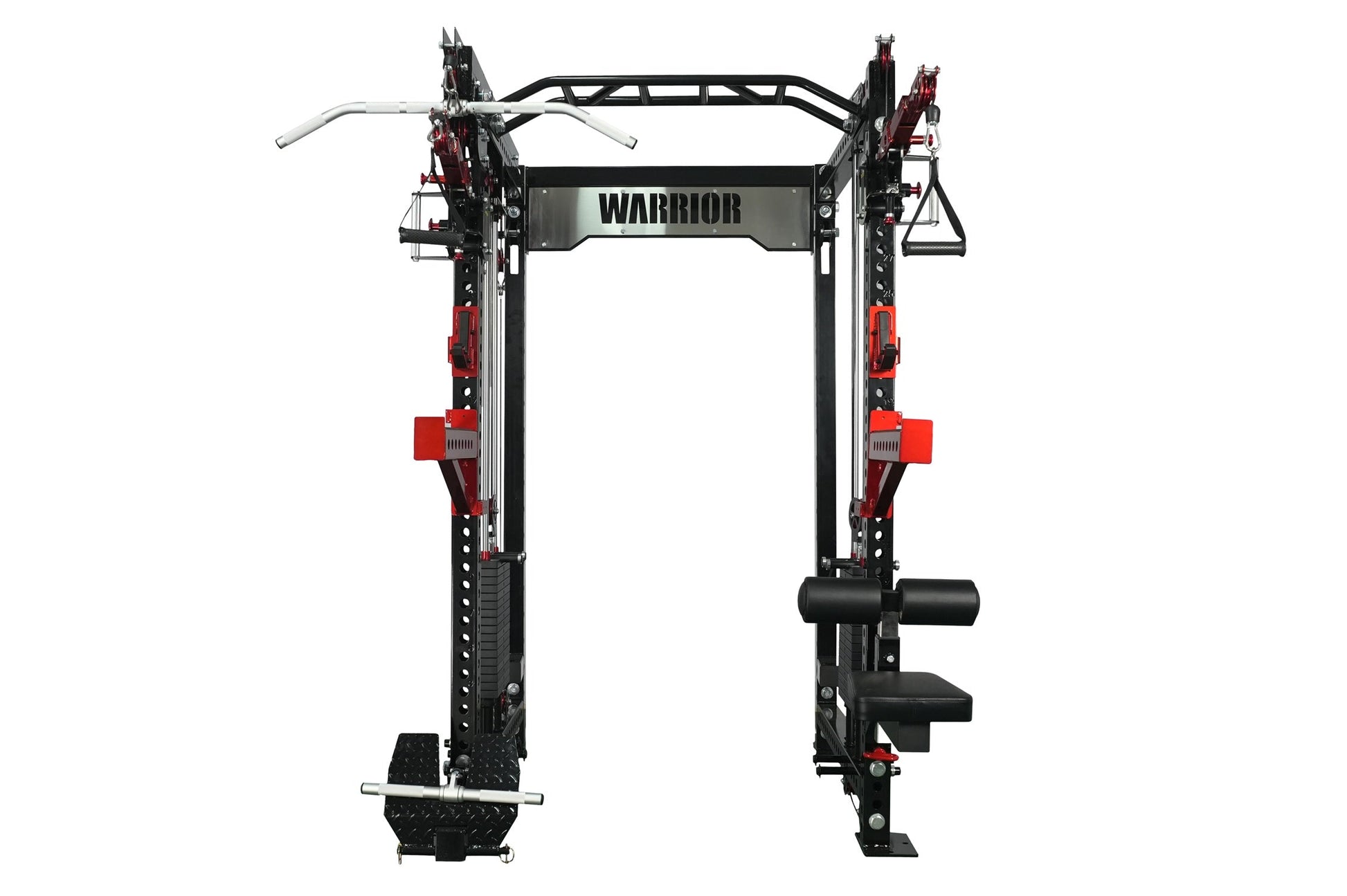 Warrior 3.0 cable crossover pulley power rack with red and black frame, lat pulldown attachment, and dual weight stacks on wh