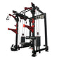 Black and red cable crossover pulley power rack with dual adjustable arms, lat pulldown station, weight stack attachment, and