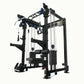 Black cable crossover pulley power rack gym system with dual weight stack stations, blue pulleys, and lat pulldown attachment