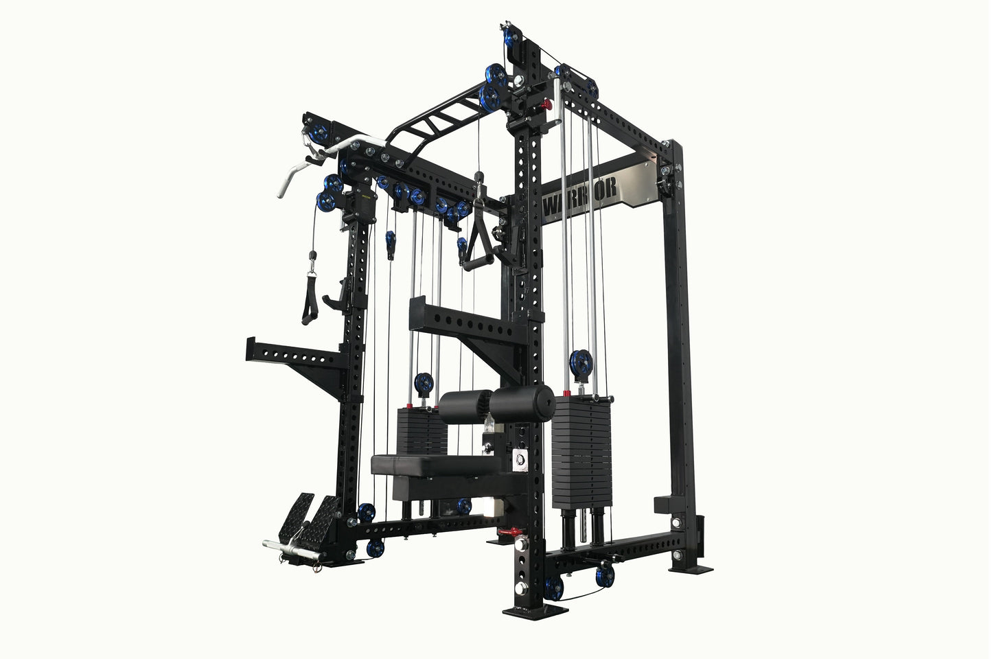 Black cable crossover pulley power rack with blue pulleys, weight stacks, and adjustable arms, on white background