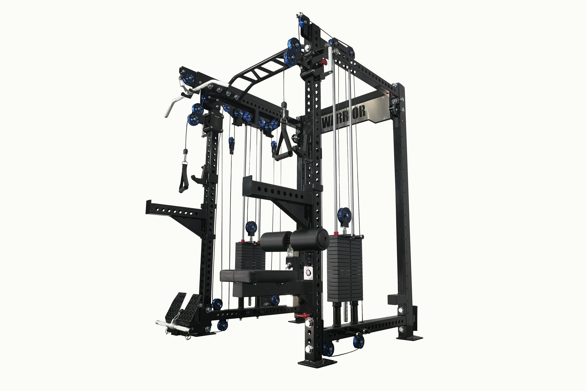 Black cable crossover pulley power rack with blue pulleys, weight stacks, and adjustable arms, on white background
