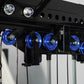 Black cable crossover machine with blue dual pulleys, chrome handles, and adjustable weight pegs on white background