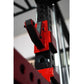 Red and black cable crossover pulley system with adjustable arms mounted on power rack frame