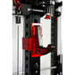 Red and black cable crossover pulley attachment mounted on black power rack frame with numbered markers, featuring dual pulle