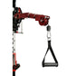 Red and black cable pulley system mounted on white rack with lat pulldown attachment and triangle grip handle, displayed on w